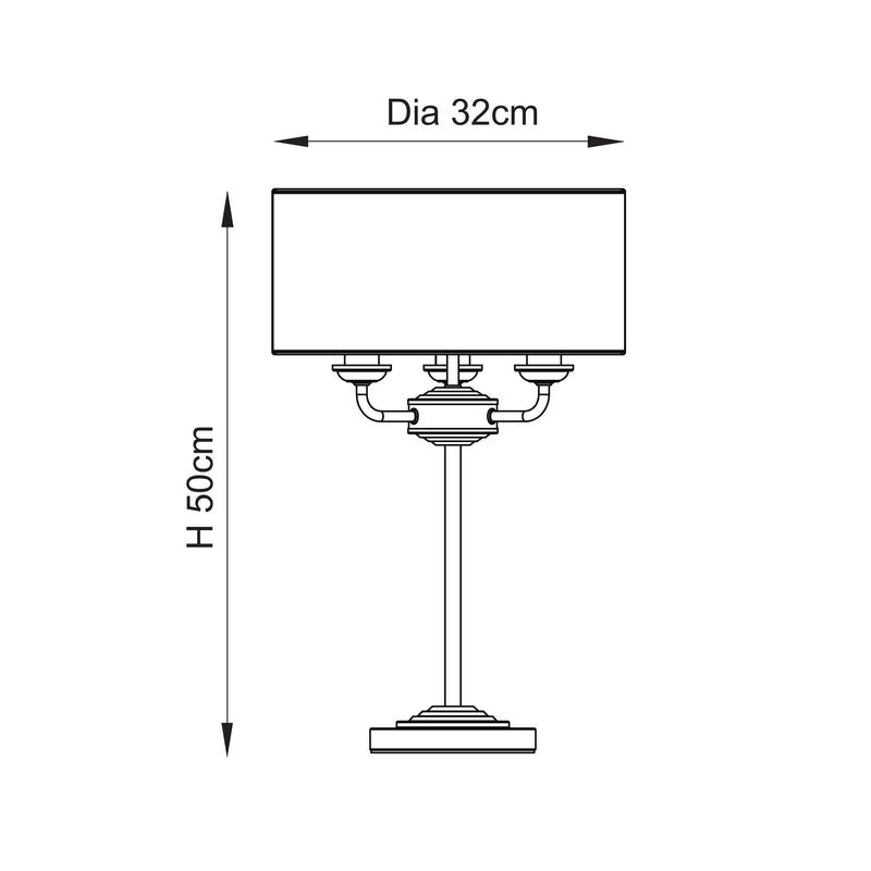 Highclere 3 Light Table Lamp dimension drawing showing height and width