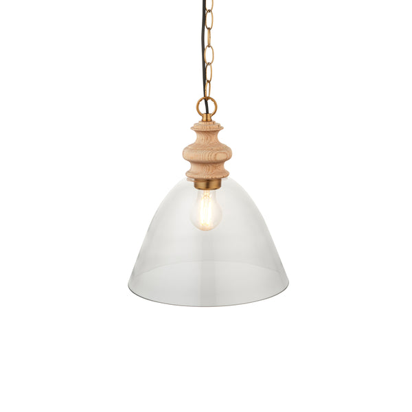 Endon Cotswold Pendant in natural ash with brushed aged brass and clear glass