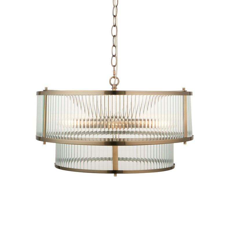 Endon Ridgeton 5 Light Tiered Pendant in antique brass with clear ribbed glass
