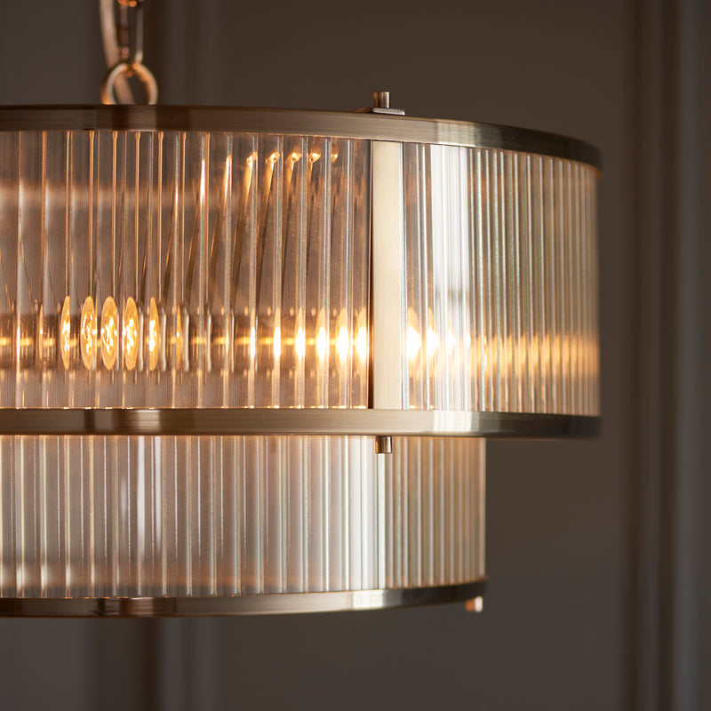 Close-up of the clear ribbed glass on the Ridgeton 5 Light Tiered Pendant