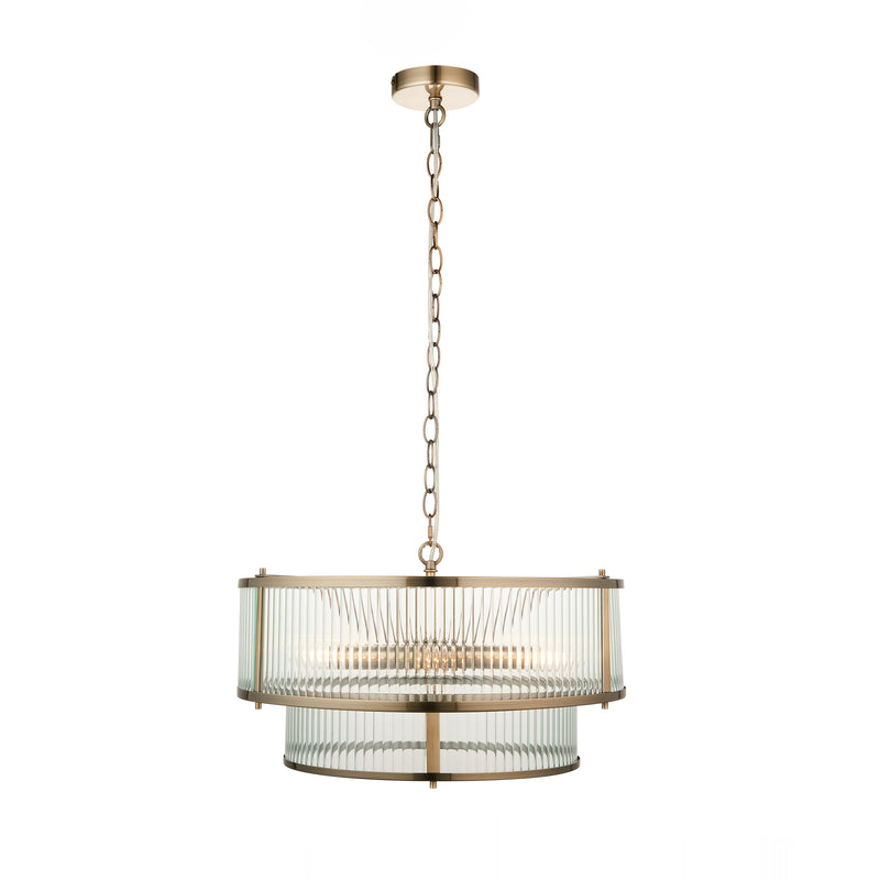 Ridgeton 5 Light Tiered Pendant detail showing the clear ribbed glass and fittings