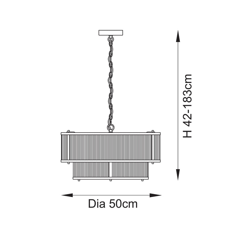 Ridgeton 5 Light Tiered Pendant dimension drawing showing width and drop