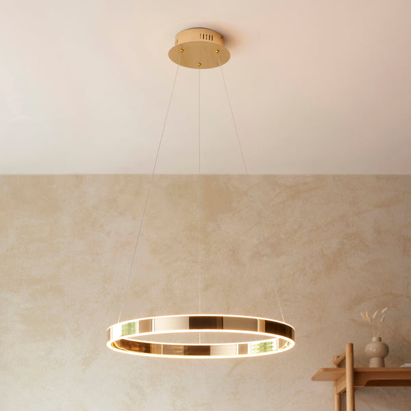 Gen Ring Multi Hoop Pendant Light in Matt Nickel features a French gold finish and frosted diffuser, offering warm LED illumination—a perfect statement piece for modern dining rooms and living spaces.