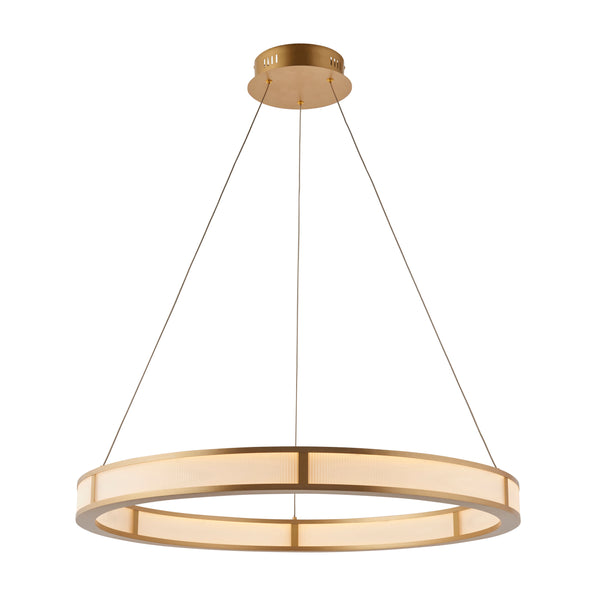 Endon Classic Ribbed LED Hoop Pendant in brushed gold with ribbed frosted acrylic
