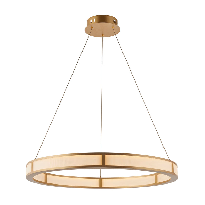 Endon Classic Ribbed LED Hoop Pendant in brushed gold with ribbed frosted acrylic