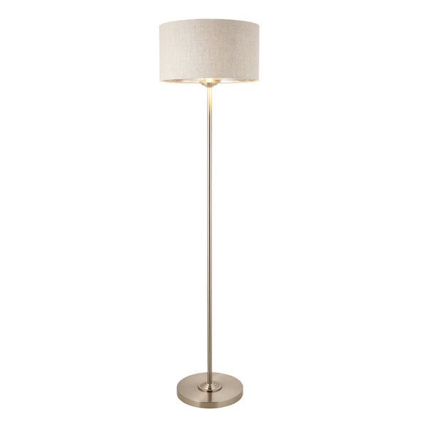 Endon Highclere Floor Lamp in brushed chrome and linen on a white background