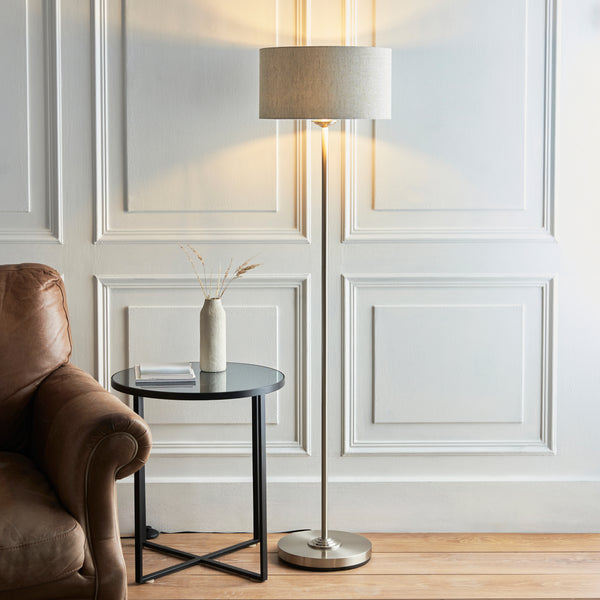 Endon Highclere Floor Lamp in brushed chrome and linen in a styled living room