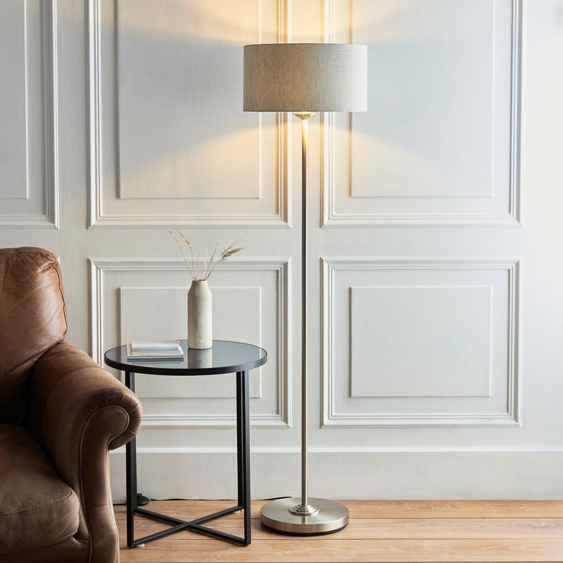 Endon Highclere Floor Lamp in brushed chrome and linen in a styled living room