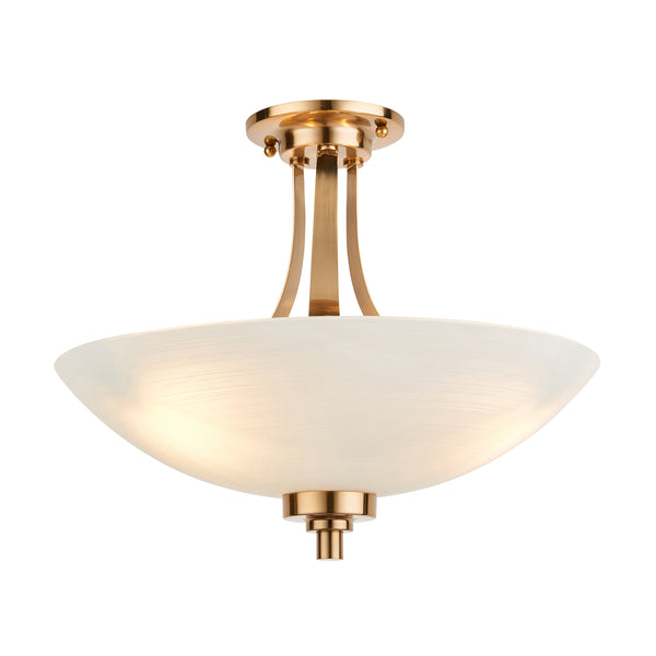 Endon Welles 3 Light Semi Flush Ceiling Light in brushed aged brass with white glass