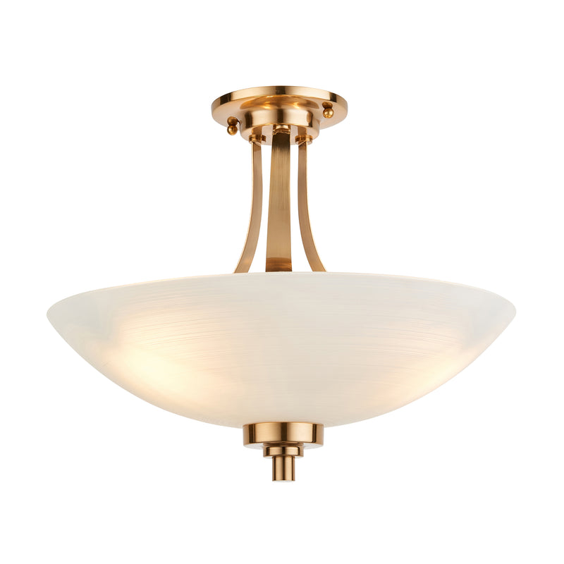 Endon Welles 3 Light Semi Flush Ceiling Light in brushed aged brass with white glass