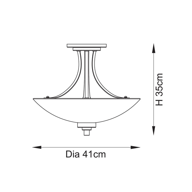 Welles 3 Light Semi Flush Ceiling Light dimension drawing showing width and depth