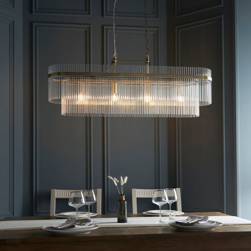 marietta brass 4 light linear ceiling pendant glass rods by Endon Lighting Living Room Family Shot