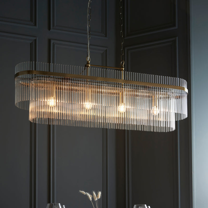 marietta brass 4 light linear ceiling pendant glass rods by Endon Lighting Living room close up image