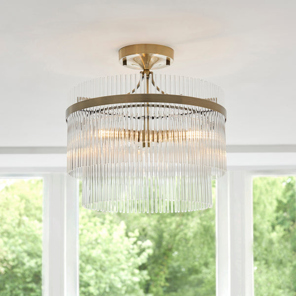 Marietta 3 Light Semi Flush Ceiling Light in antique brass on a bedroom ceiling