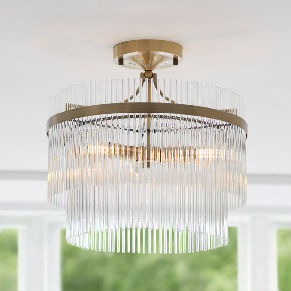 Marietta 3 Light Semi Flush Ceiling Light lit up in a styled bedroom