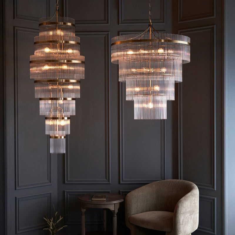 Marietta 16 Light Tiered Chandelier detail showing the clear glass and fittings