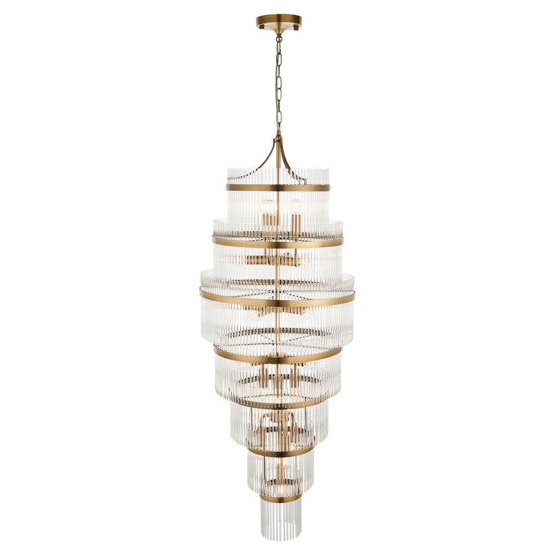 Detail of the antique brass finish on the Marietta Grand 21 Light Tiered Chandelier