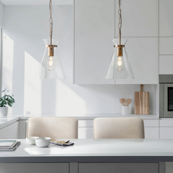 Harlow Pendant lit up in a styled kitchen
