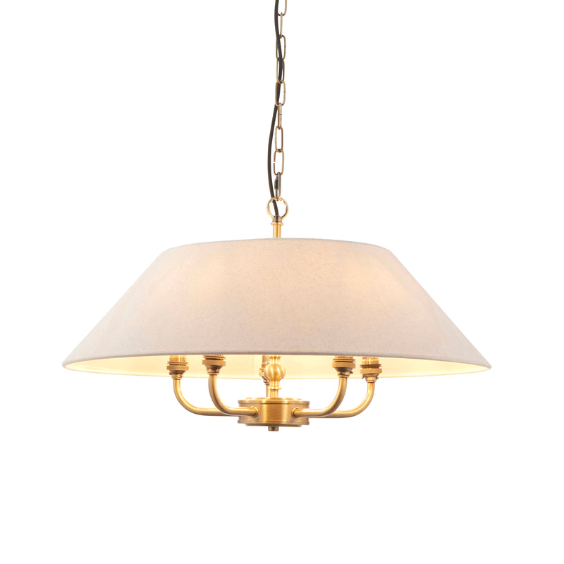 Endon Lille 5 Light Pendant in antique brass and natural linen