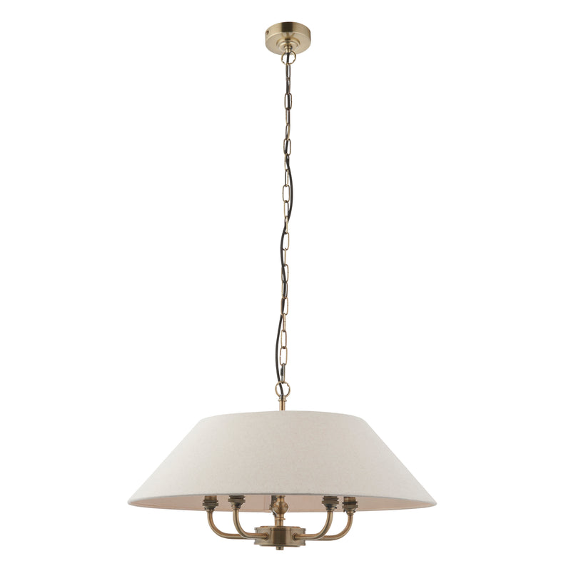 Lille 5 Light Pendant – alternative view in antique brass and natural linen