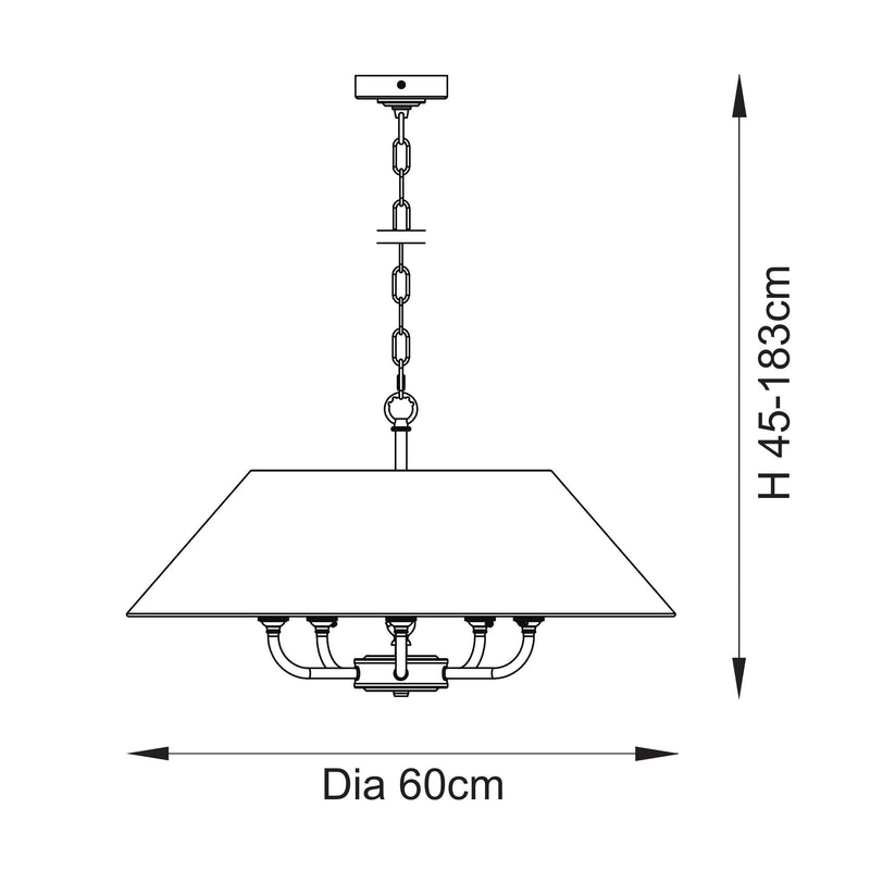 Lille 5 Light Pendant dimension drawing showing width and drop