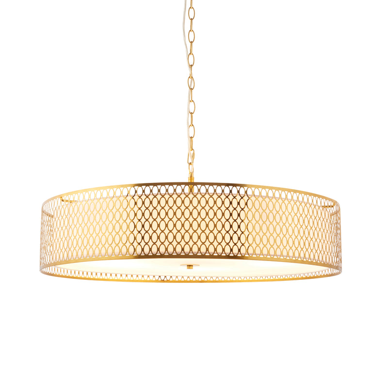 Endon Cordero 5 Light Grand Pendant in gold fretwork with white fabric and frosted glass