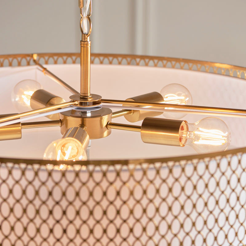 Close-up of the white fabric and frosted glass on the Cordero 5 Light Grand Pendant