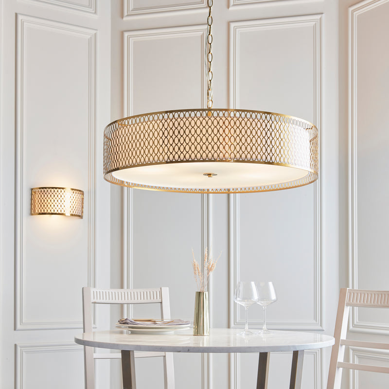 Cordero 5 Light Grand Pendant detail showing the white fabric and frosted glass and fittings