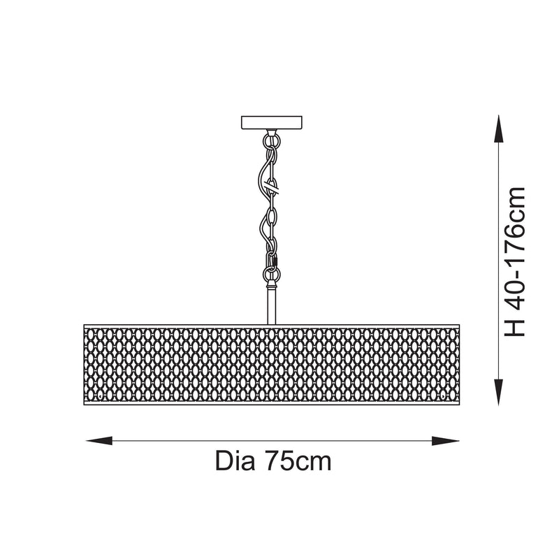 Cordero 5 Light Grand Pendant dimension drawing showing width and drop