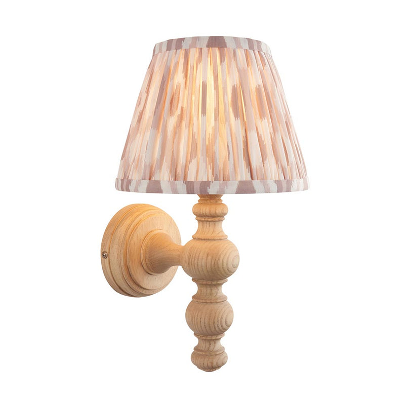 Endon Bibury 1 Light Wooden Wall Light in Natural Ash with 20cm Neutral Ikat Pleated Shade – Elegant Wooden Spindle Sconce with Handmade Faux Silk Tapered Shade, Brass B22 Lamp Holder, Dimmable & LED Compatible – Ideal for Bedrooms, Hallways & Living Spaces