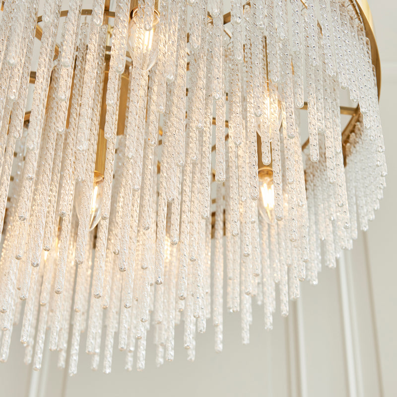 Detail of the brushed aged brass finish on the Anistoria Grand 9 Light Chandelier
