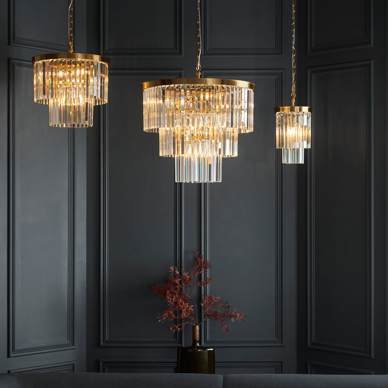 Detail of the brushed aged brass finish on the Conaston 4 Light Chandelier