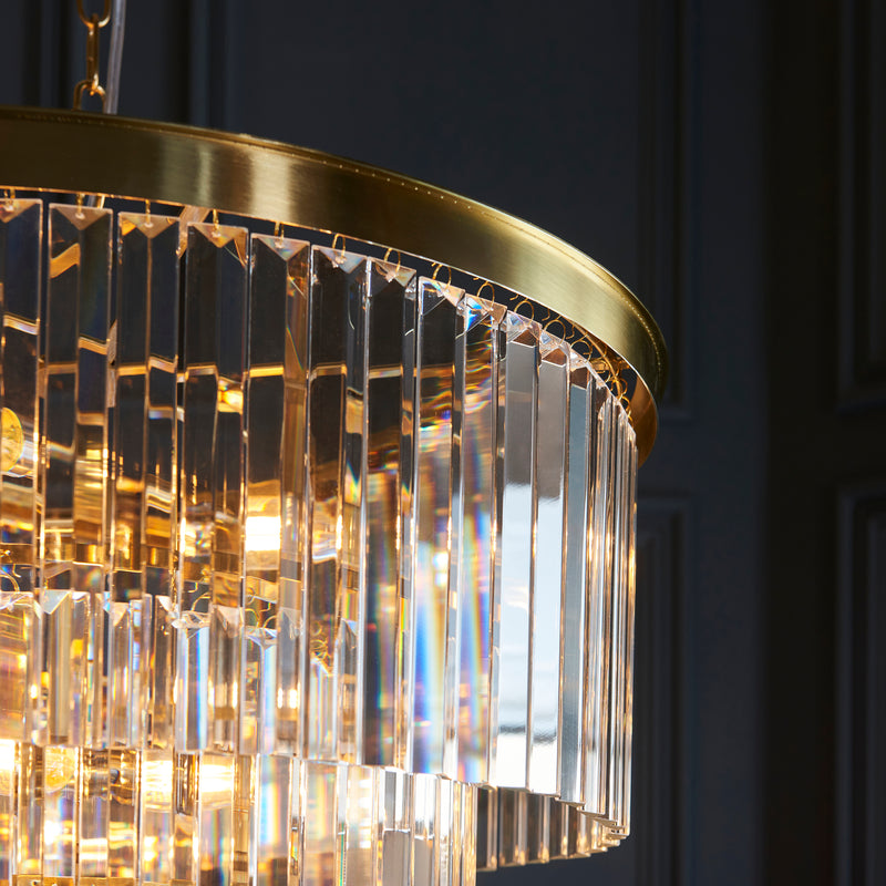 Detail of the brushed aged brass finish on the Conaston 7 Light Chandelier