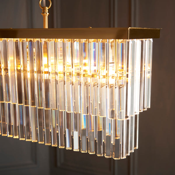 Close-up of the clear cut glass on the Conaston 4 Light Linear Chandelier