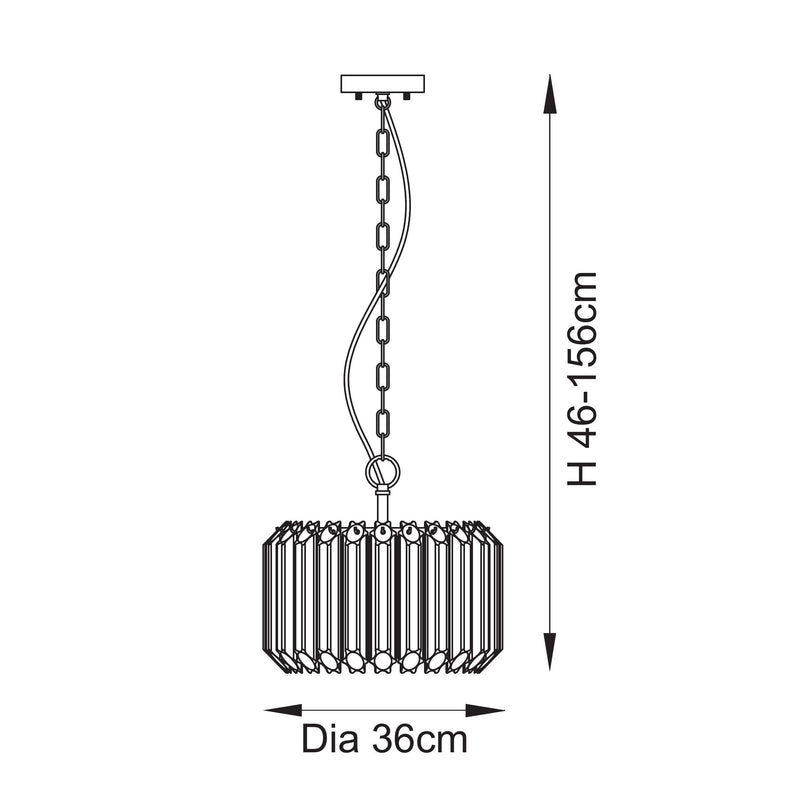 Valentina 3 Light Pendant dimension drawing showing width and drop