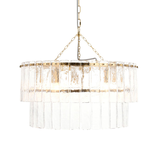 Endon Karine 5 Light Tiered Pendant in brushed aged brass with clear handmade textured glass