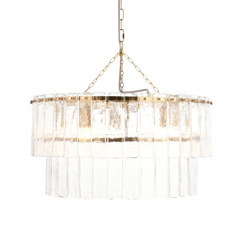 Endon Karine 5 Light Tiered Pendant in brushed aged brass with clear handmade textured glass