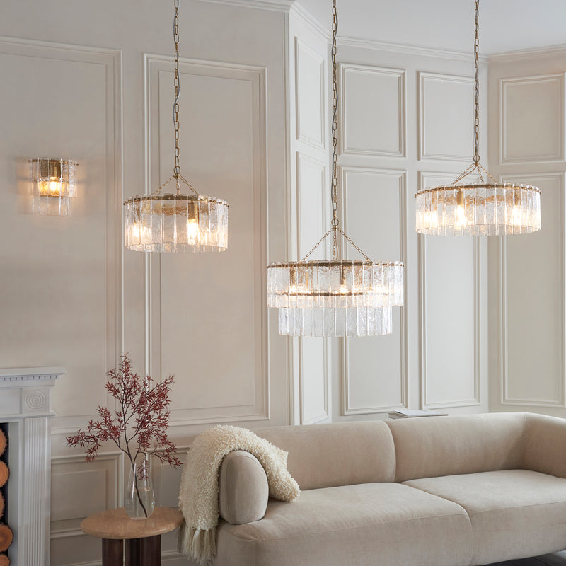 Karine 5 Light Tiered Pendant detail showing the clear handmade textured glass and fittings