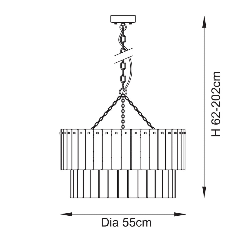 Karine 5 Light Tiered Pendant dimension drawing showing width and drop
