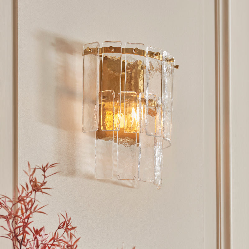 Detail of the brushed aged brass finish on the Karine Wall Light
