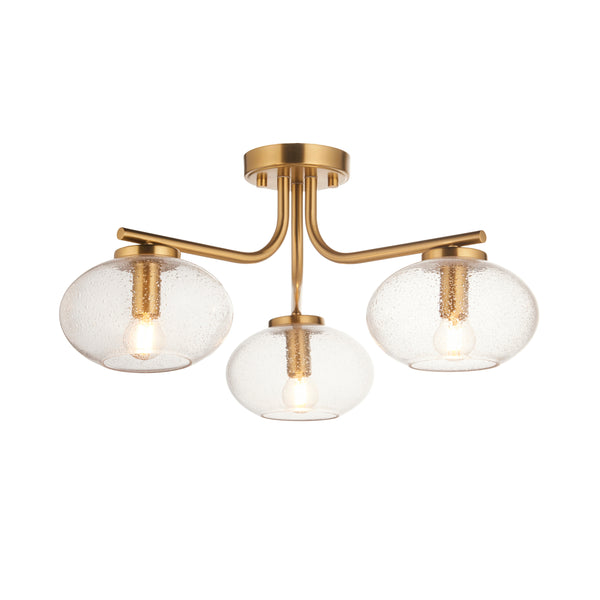 Endon Jacob 3 Light Semi Flush Ceiling Light in warm brass with clear bubble glass
