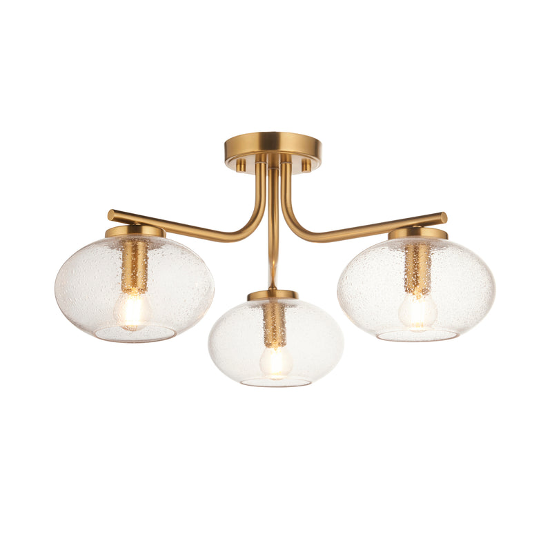 Endon Jacob 3 Light Semi Flush Ceiling Light in warm brass with clear bubble glass