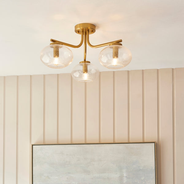 Jacob 3 Light Semi Flush Ceiling Light in warm brass on a bedroom ceiling