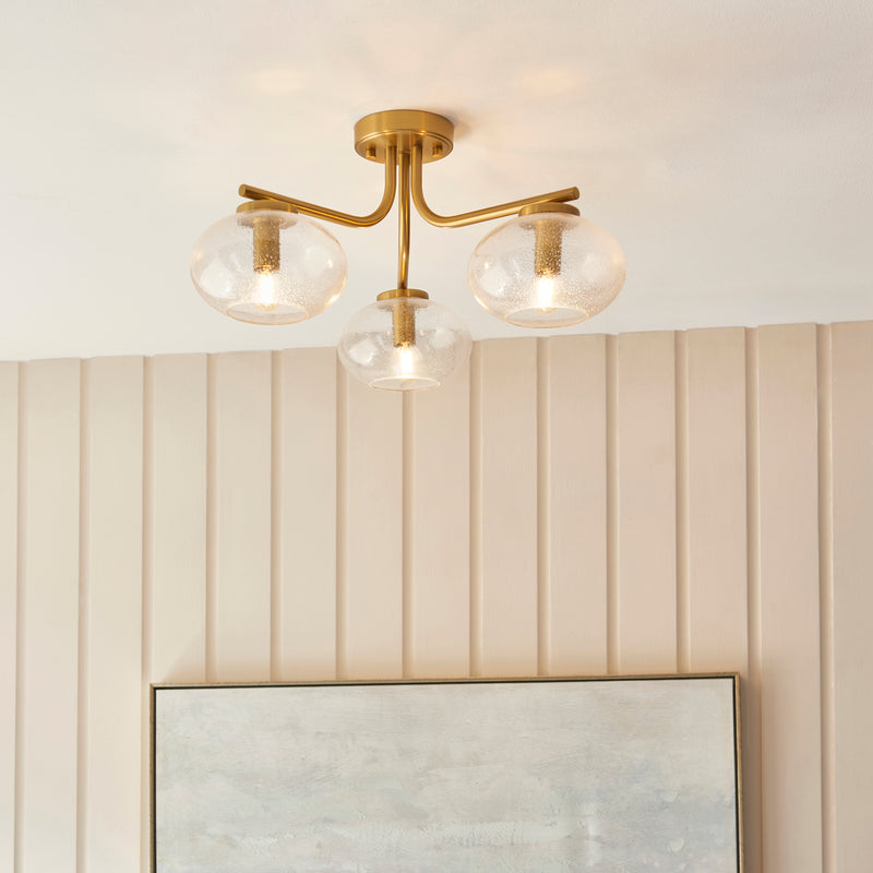 Jacob 3 Light Semi Flush Ceiling Light in warm brass on a bedroom ceiling