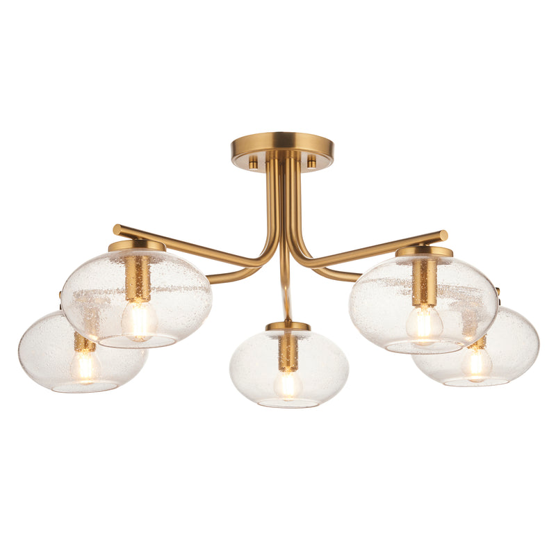 Endon Jacob 5 Light Semi Flush Ceiling Light in warm brass with clear bubble glass