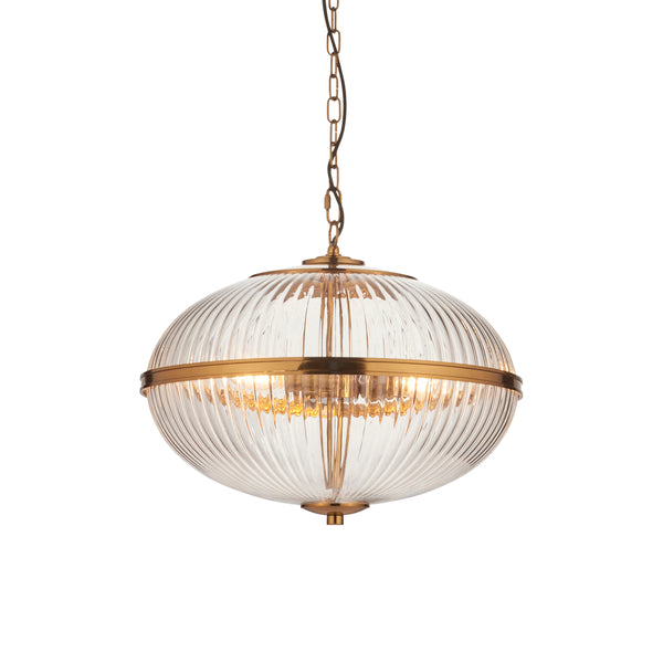 Endon Somerset 3 Light Pendant in vintage brass with clear ribbed glass