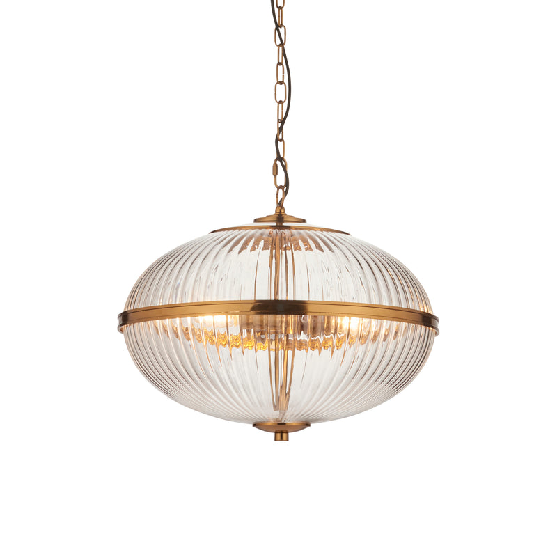 Endon Somerset 3 Light Pendant in vintage brass with clear ribbed glass