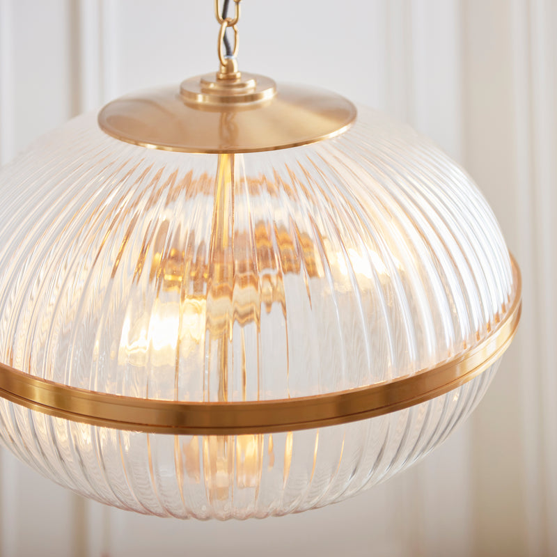 Close-up of the clear ribbed glass on the Somerset 3 Light Pendant
