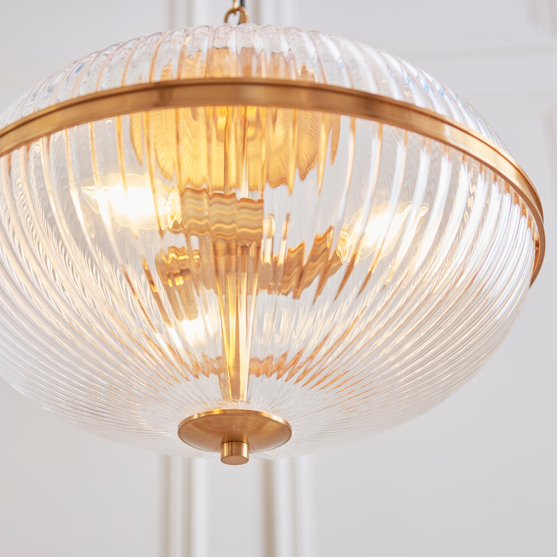 Detail of the vintage brass finish on the Somerset 3 Light Pendant