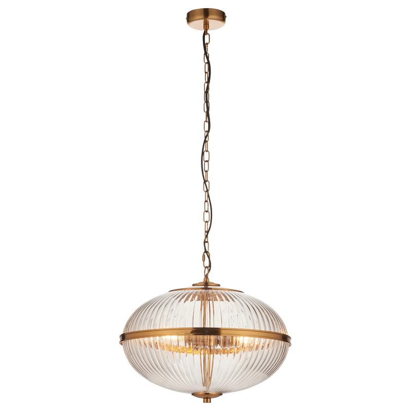 Somerset 3 Light Pendant detail showing the clear ribbed glass and fittings